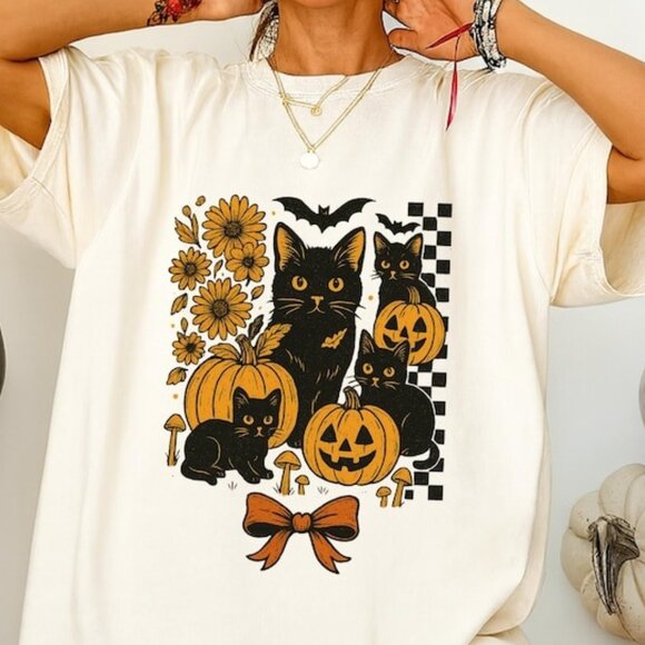 Tops - Vintage Halloween T-Shirt, Cat Halloween Shirt, Floral Cat Tee